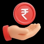 3D hand holding a red coin with the Indian Rupee symbol.