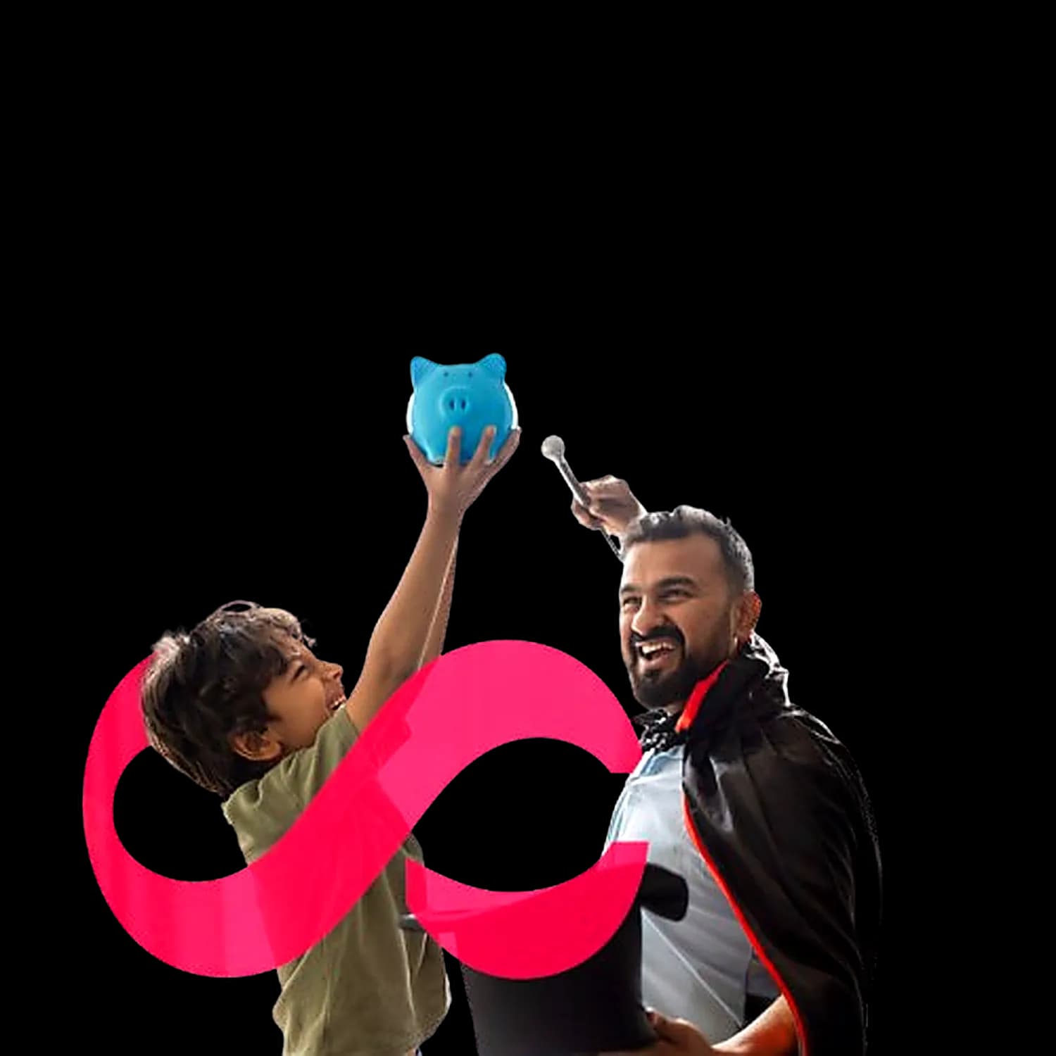 Father and child saving with a piggy bank, representing mutual fund investment aimed at long term growth through emerging businesses.  