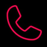Red outline icon of a telephone receiver on a black background.