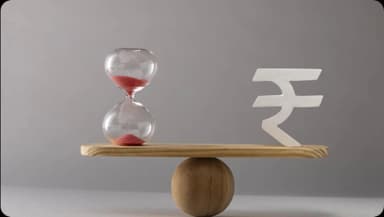 Hourglass and Indian Rupee symbol balanced on a seesaw, representing time and money.