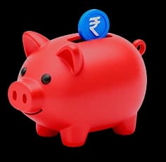A red piggy bank with a blue Indian Rupee coin being inserted into its slot.