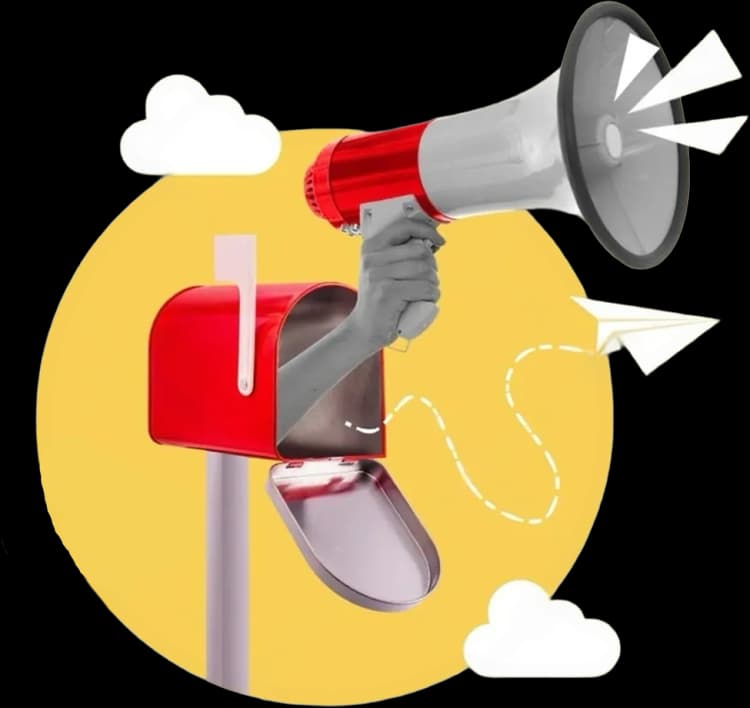 Hand holding a megaphone emerging from a red mailbox for direct communication.